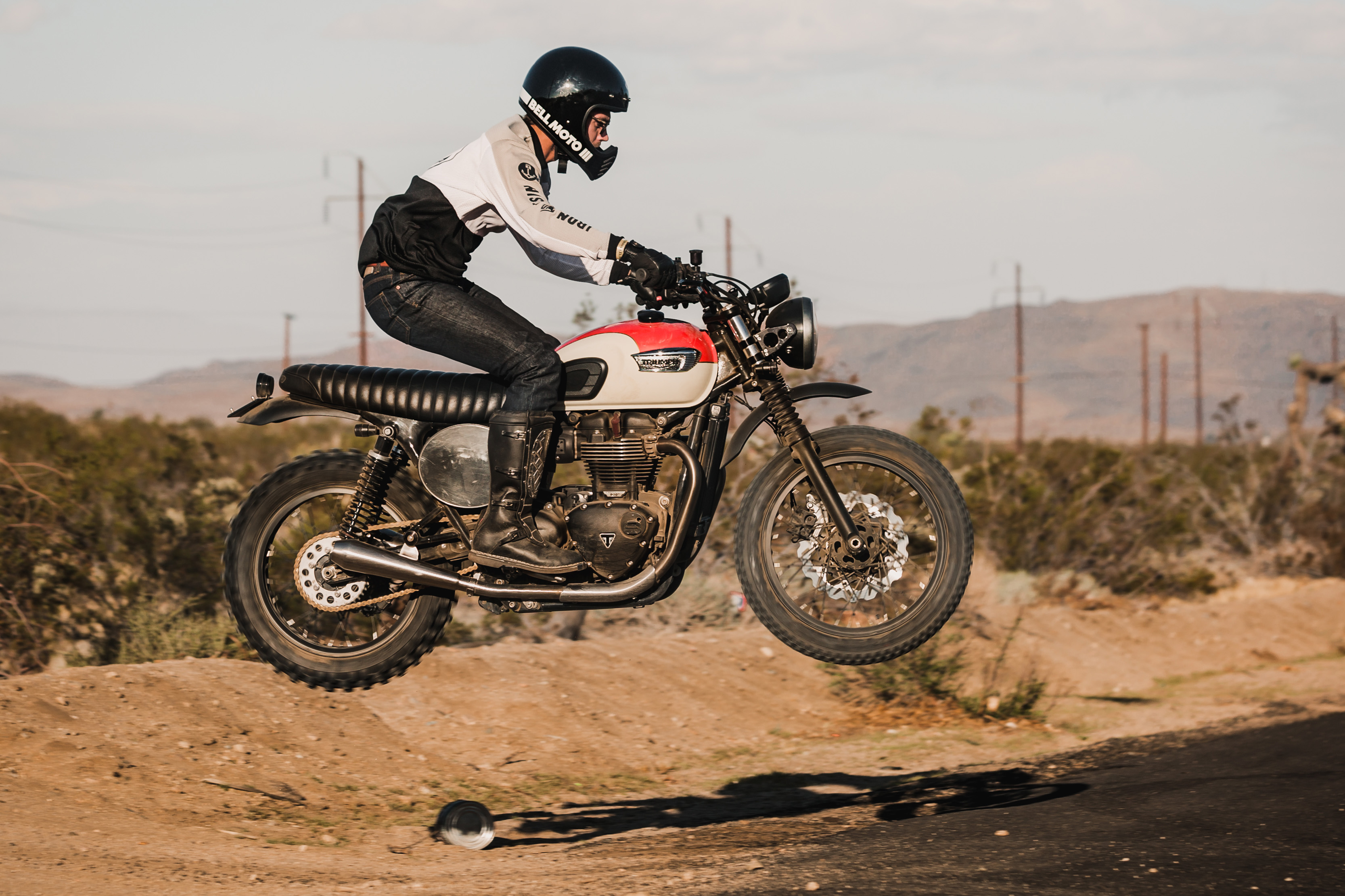 Triumph Street Twin Desert Sled getting air