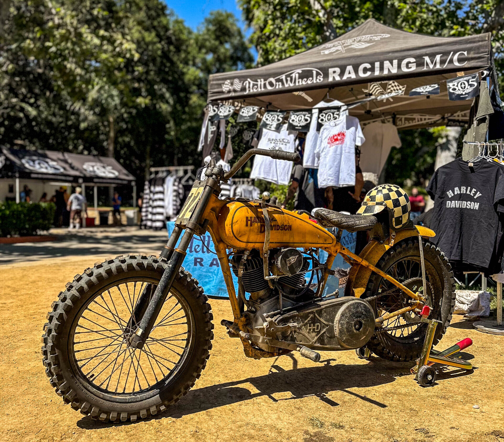 Paul Hartman of Paul Craig Motors displaying a lovely tank-shift racer at Born Free 2024