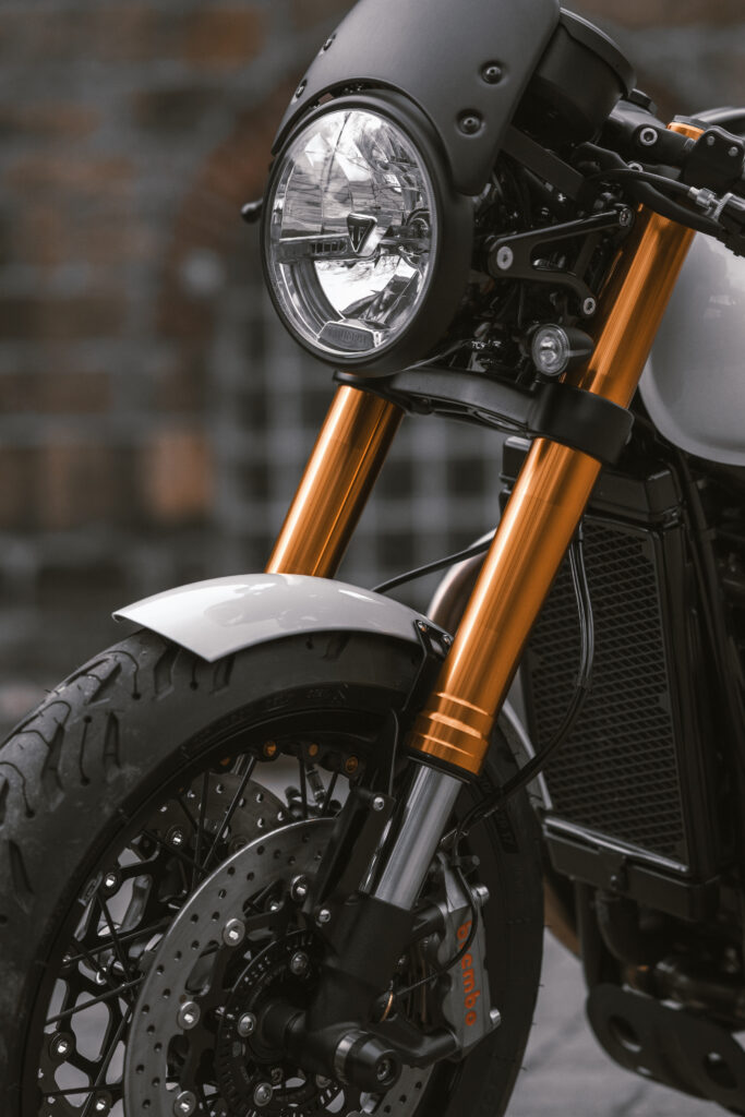 Triumph Thruxton R custom build by A&J Cycles front end