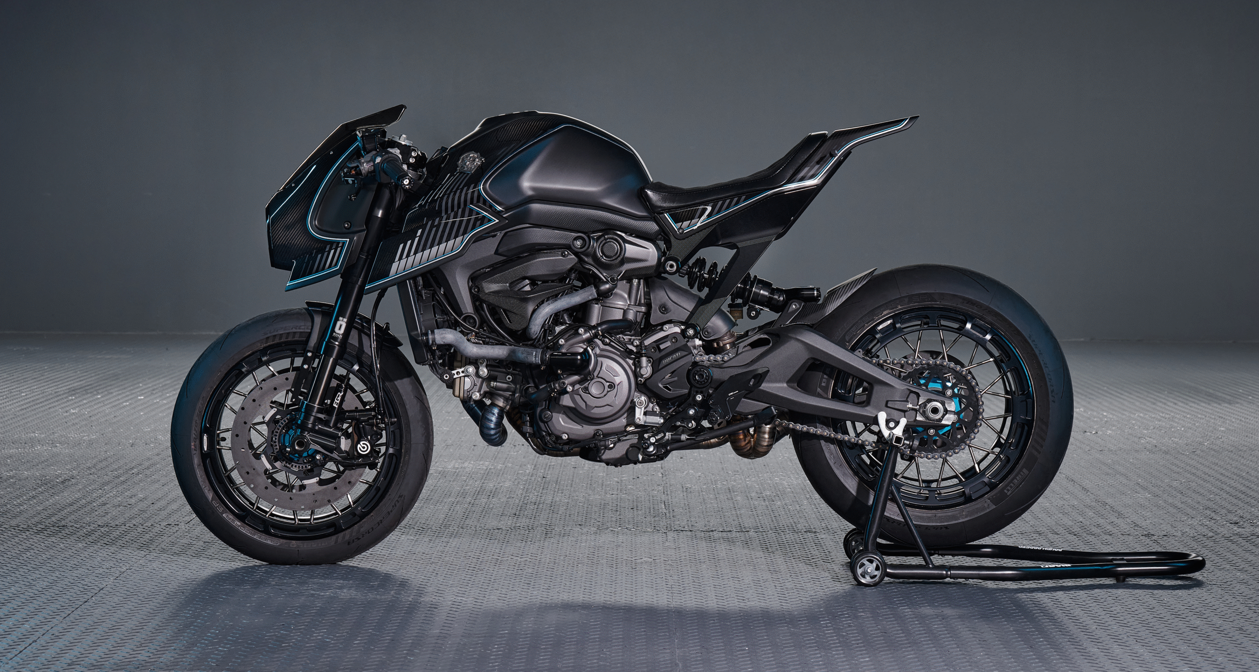 Left side view of the custom Ducati Monster 937 Silhouette R by Rough Crafts