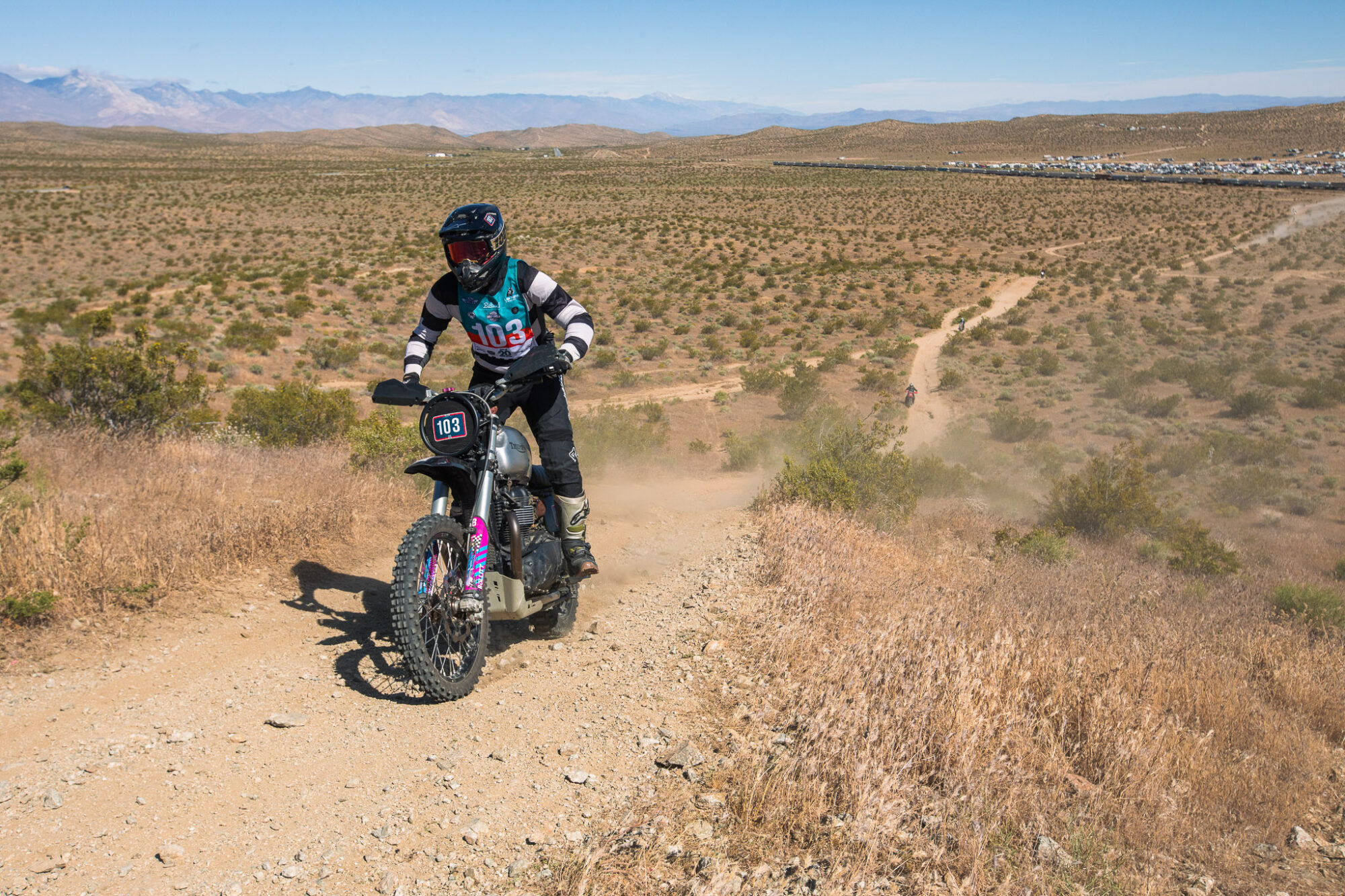 Patrick Flynn racing the Bullitt OG2 Triumph desert sled at the 2026 Biltwell 100.